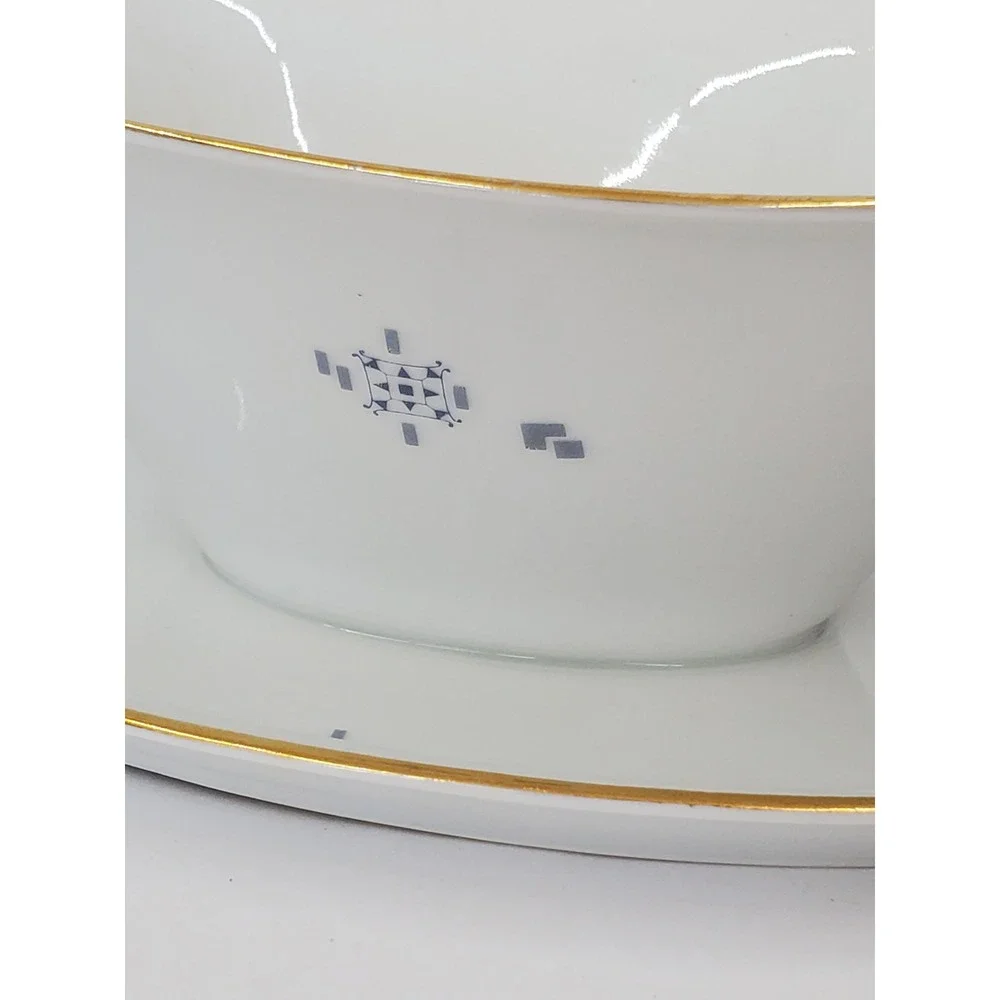 Johann Seltmann Vohenstrauss Bavaria Gravy Boat Attached Plate Blue Gold Trim